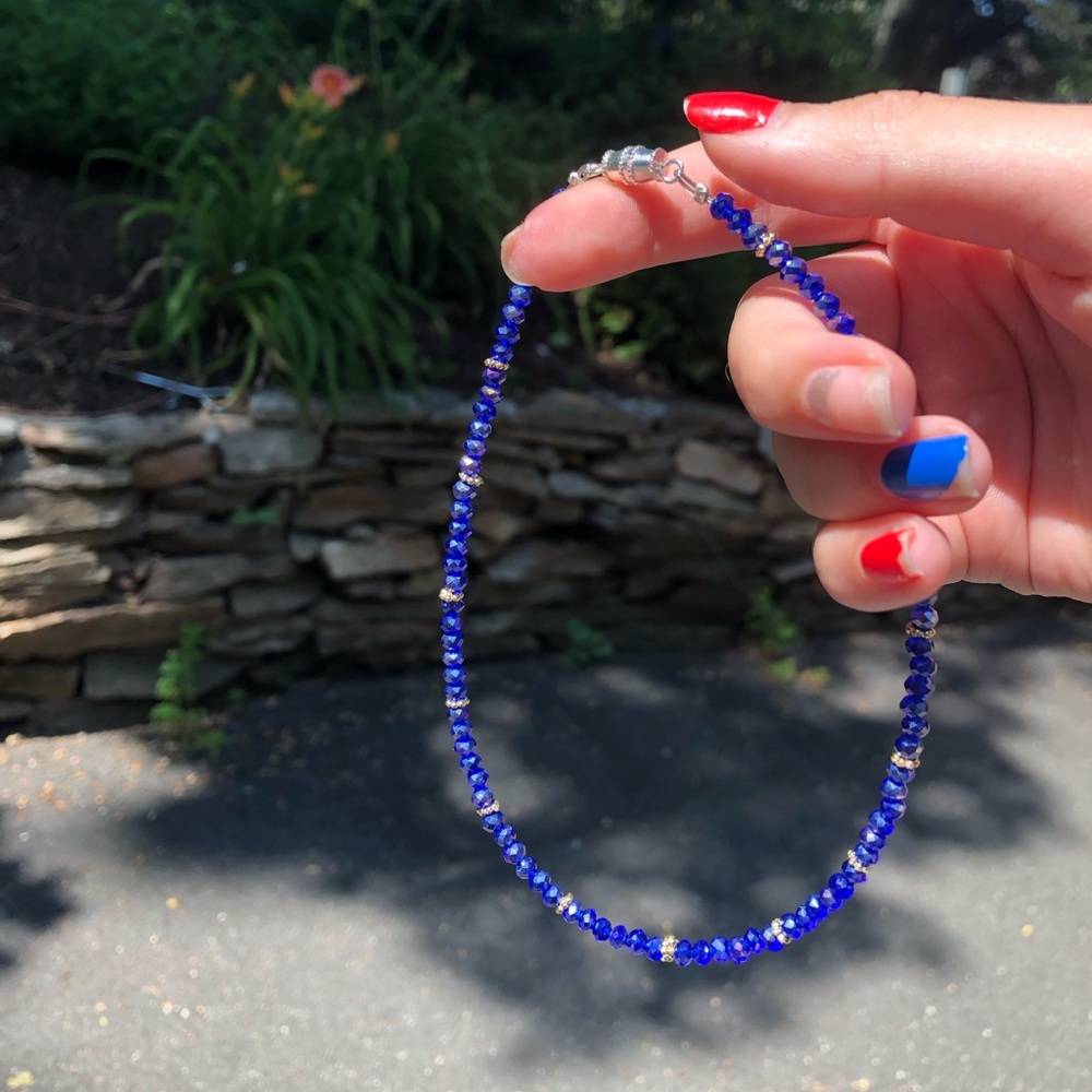 blue and gold sparkly beaded choker, VSCO